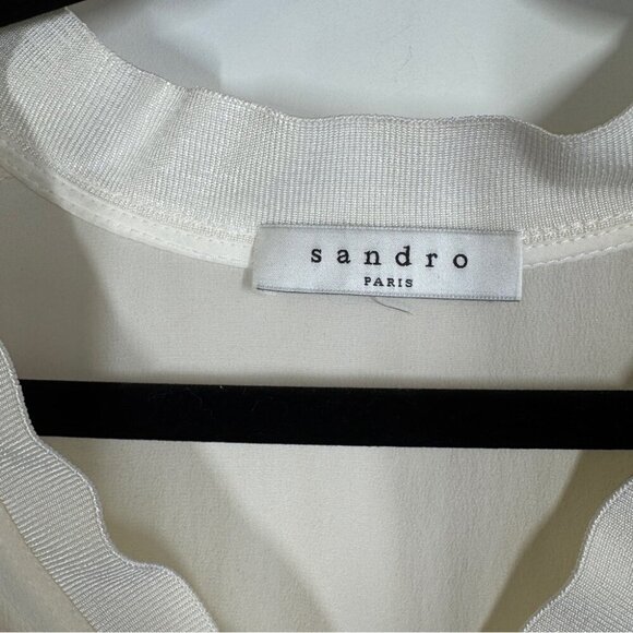 Sandro Paris Ivory Silk Blouse Size M Long Sleeve Minimalist V Neck Top - Picture 5 of 15
